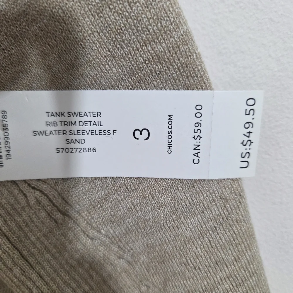 NWT Chico's Tank Sweater Rib Trim Knit Sand Beige Tan Size XL Neutral Sleeveless